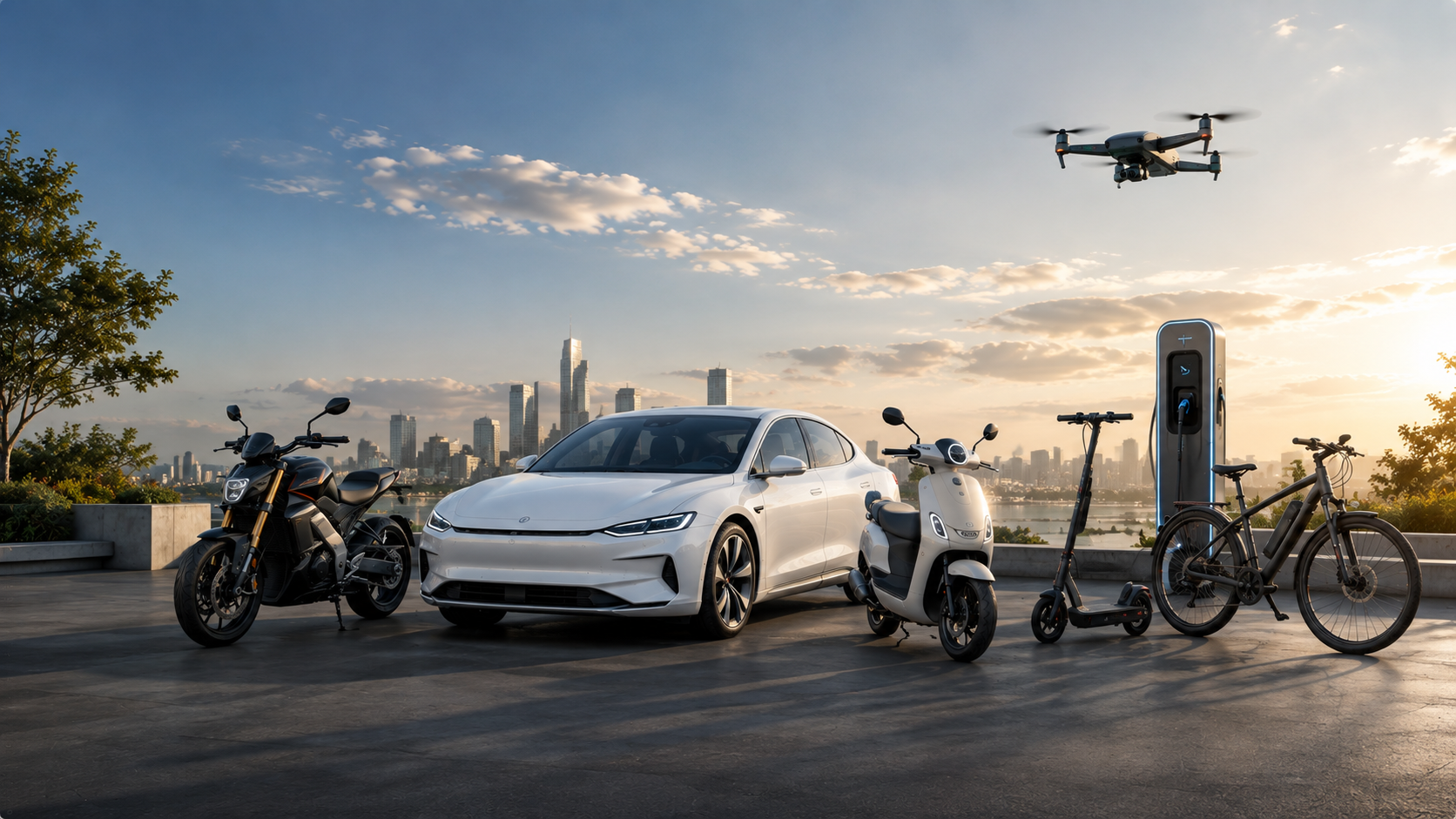 Elektromobilität mit Elektroauto, E-Motorrad, E-Roller, E-Scooter, Pedelec und Drohne